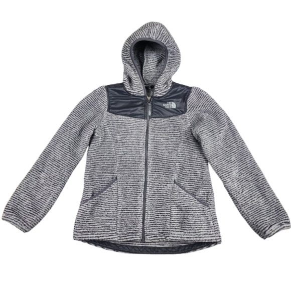 The North Face Gray Stripe  Puffer Jacket with Hood Full Zip Girls L 14-16 - Picture 1 of 10